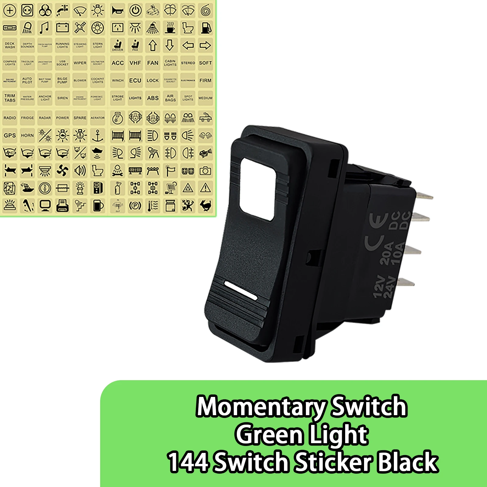 Momentary 12V/24V Green Light Rocker Button Switch 7Pin Waterproof IP65 for Car RV Trailer Camper Boat Motorcycle with Sticker