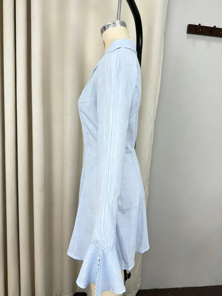 Fashion Solid Slim Mini Dress Women Elegant Lapel Flare Long Sleeve Corset A-line Shirtdress Summer Female Daily Street Skirt