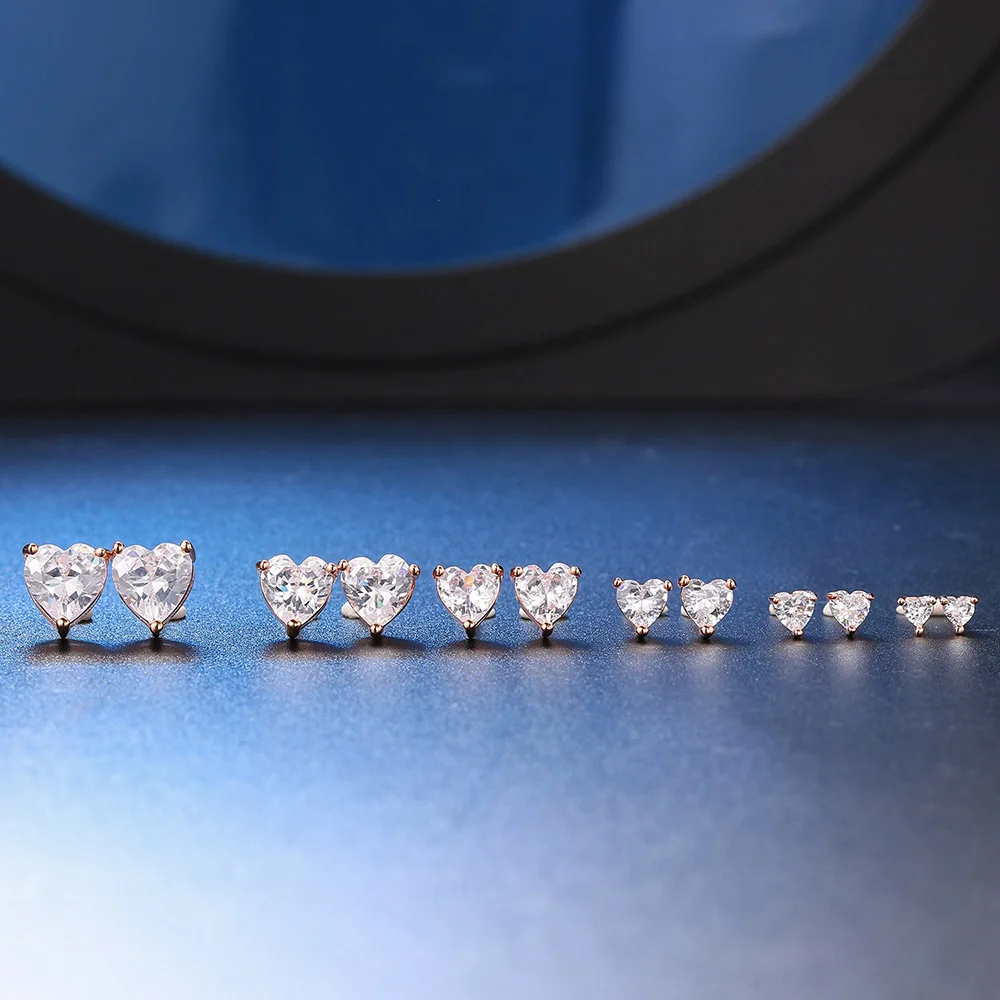 Various Sizes Crystals Earrings For Women Heart Clear Zircon Stud Earring for Female Male Ear Accessories Earing Jewellry E342