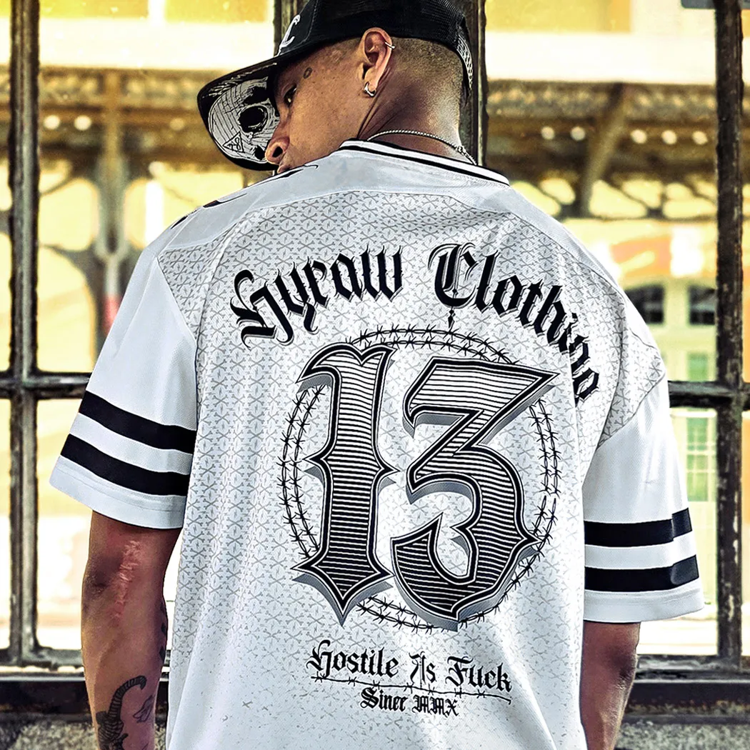 New Men Pattern 13 Barbed Wire Chicano Baseball Jersey, Y2K HXC CLUB Jersey T-shirt HYRAW CLOTHING Streetwear for Hip Hop Fans