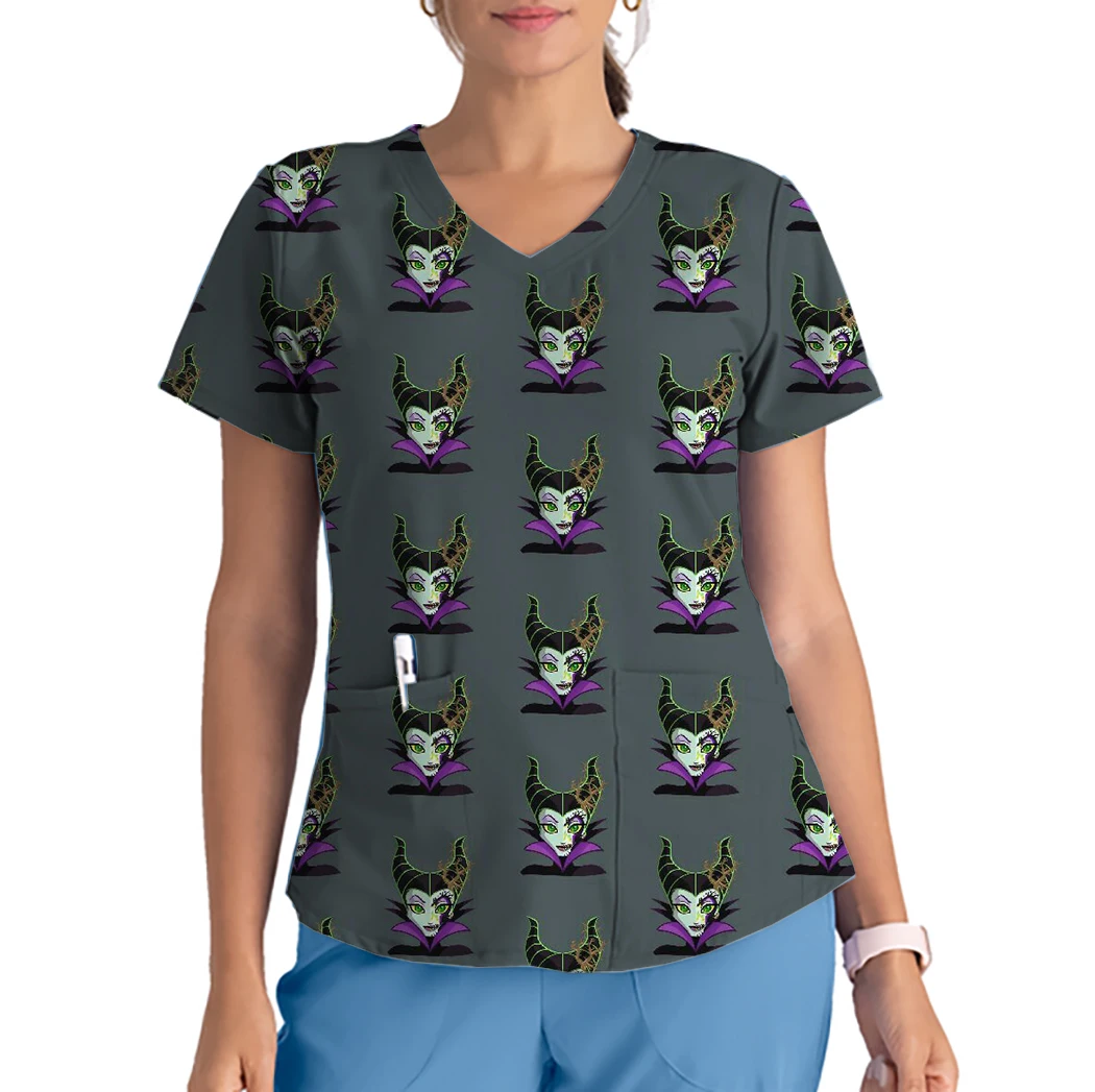 Disney Malévola Série Enfermeira Care Trabalhador Tops, Senhoras Workwear Print, V-Neck Bolso, Manga Curta, Pet Shop Nursing T-Shirt, Casual