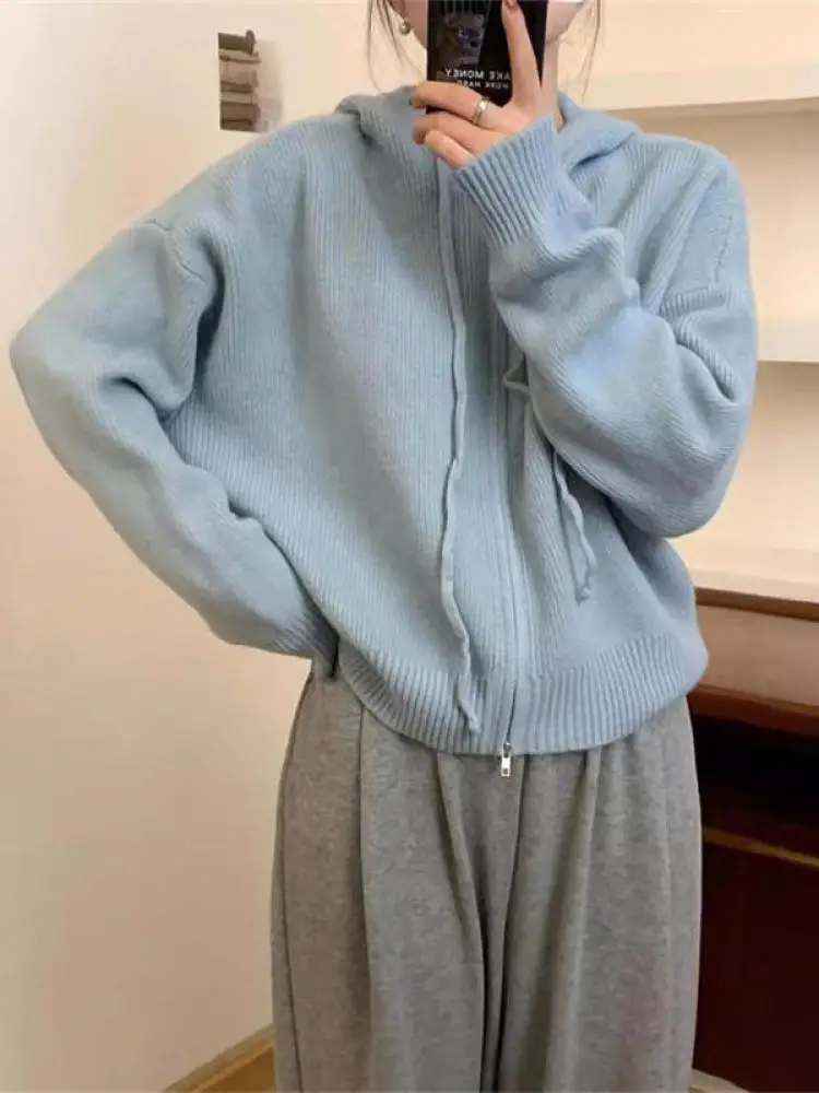 

Autumn Winter Solid Elegant Long Sleeve Versatile Hooded Sweater Women Holiday Double Zipper Cardigan Short Knitted Tops Popular