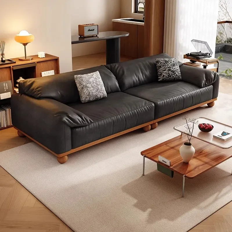 Medieval Style Elephant Ear Leather Sofa Modern Simple Light Luxury Straight Row Living Room Small Apartment Black Retro