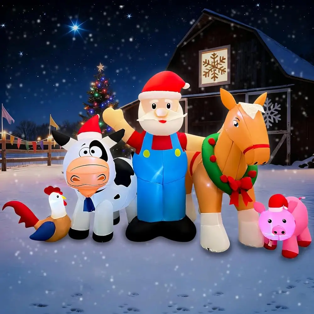 8-Foot LED-Illuminated Inflatable Santa Farm Scene with Horse, Pig, Cow, and Rooster for Holiday Decor