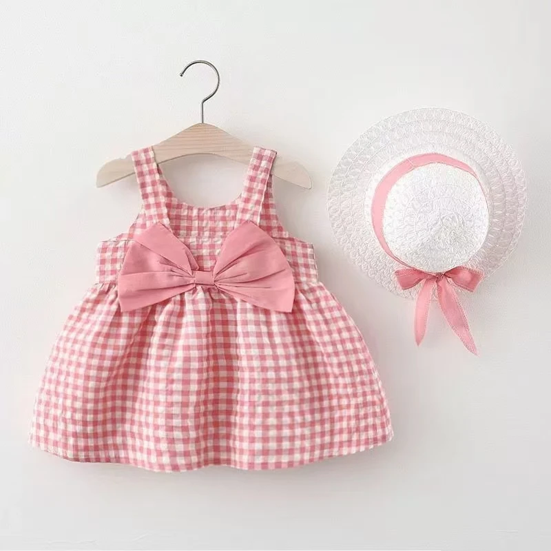 Baby Girl Dress Summer Cotton Bow Tie Checkered Strapless Girls Dresses Sweet Casual Beach Baby Girl Clothing With Hat
