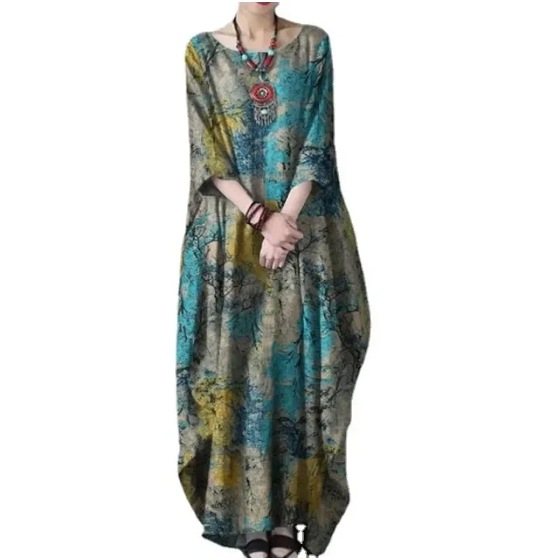 SuperAen 2022 New Loose Printed Cotton Linen Round Neck Long Sleeved Vintage Oversize Dress Women Boho Long Maxi Dress