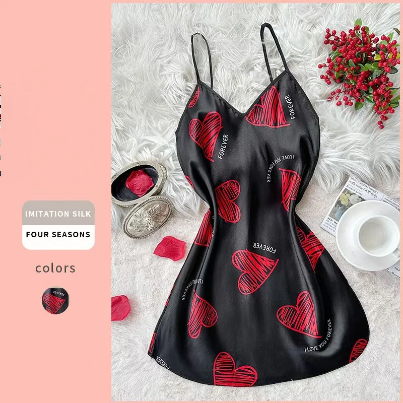 

Women Satin Slip Nightdress Red Heart Print V Neck Spaghetti Strap Sleepwear Mini Dress For Valentines Day Home Wear Sexy Pajama