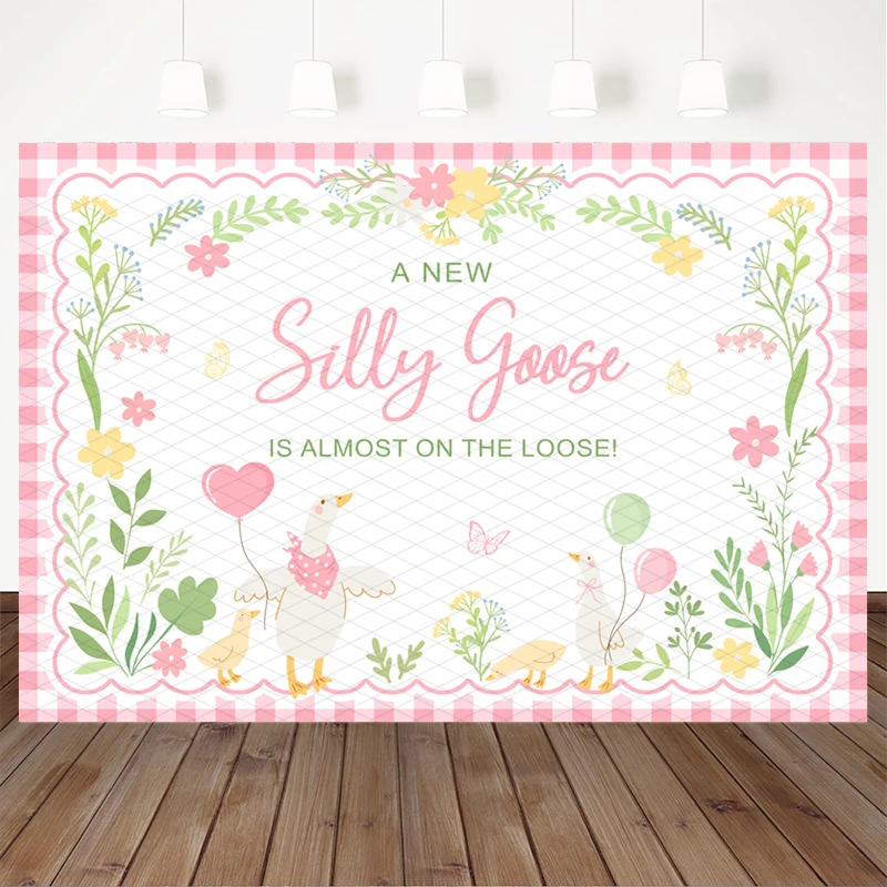 Mocsicka Silly Goose Baby Shower Photography Backdrop Decors Pink Gingham Floral Duck Background Cloth Newborn Girl Photo Booth