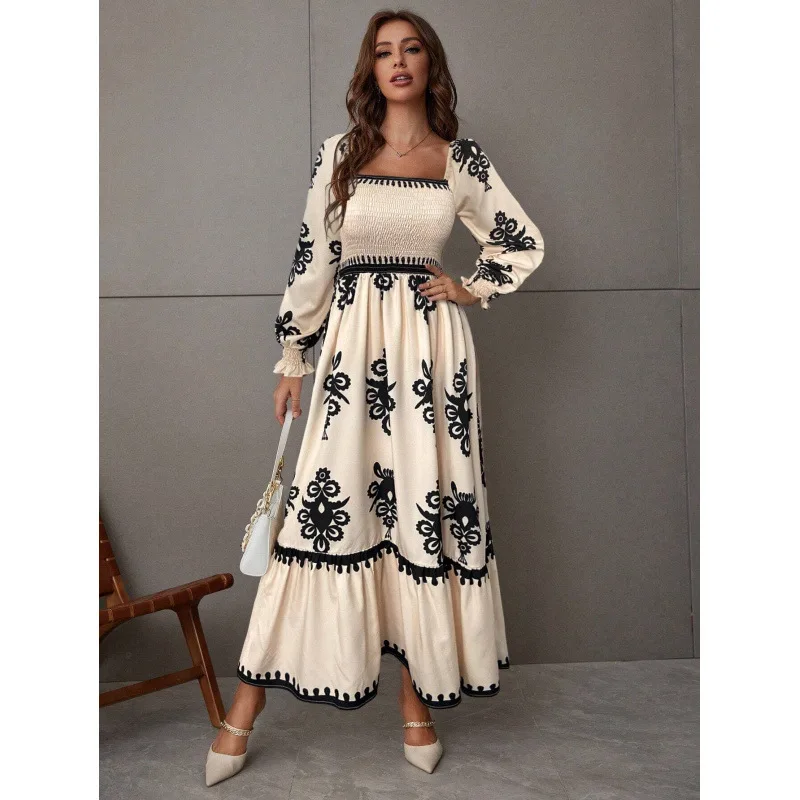 

Spring Autumn Maxi Dress Women Print Dresses Female Long Sleeve Elastic Waist Pleated Party Casual Dress Lady Vestidos Robes