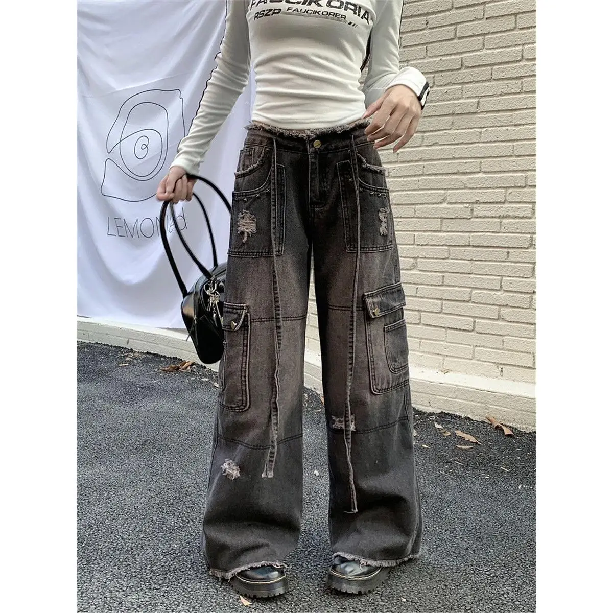 

American Sle Vintage Bla Workwear Jeans Women's High Street Loose Hem Floor-Length Trousers Cotton l Waist