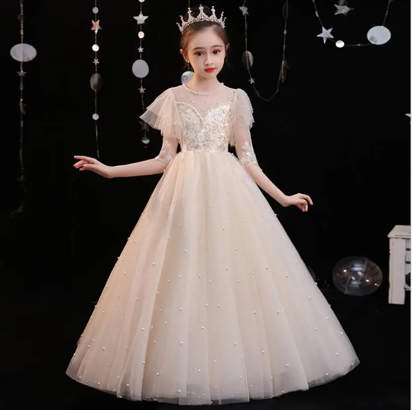 White Lace Girls Wedding Dress Beads Tulle Flower Girl Party Princess Birthday Dress Kids Long Dress Prom Formal Communion Gown