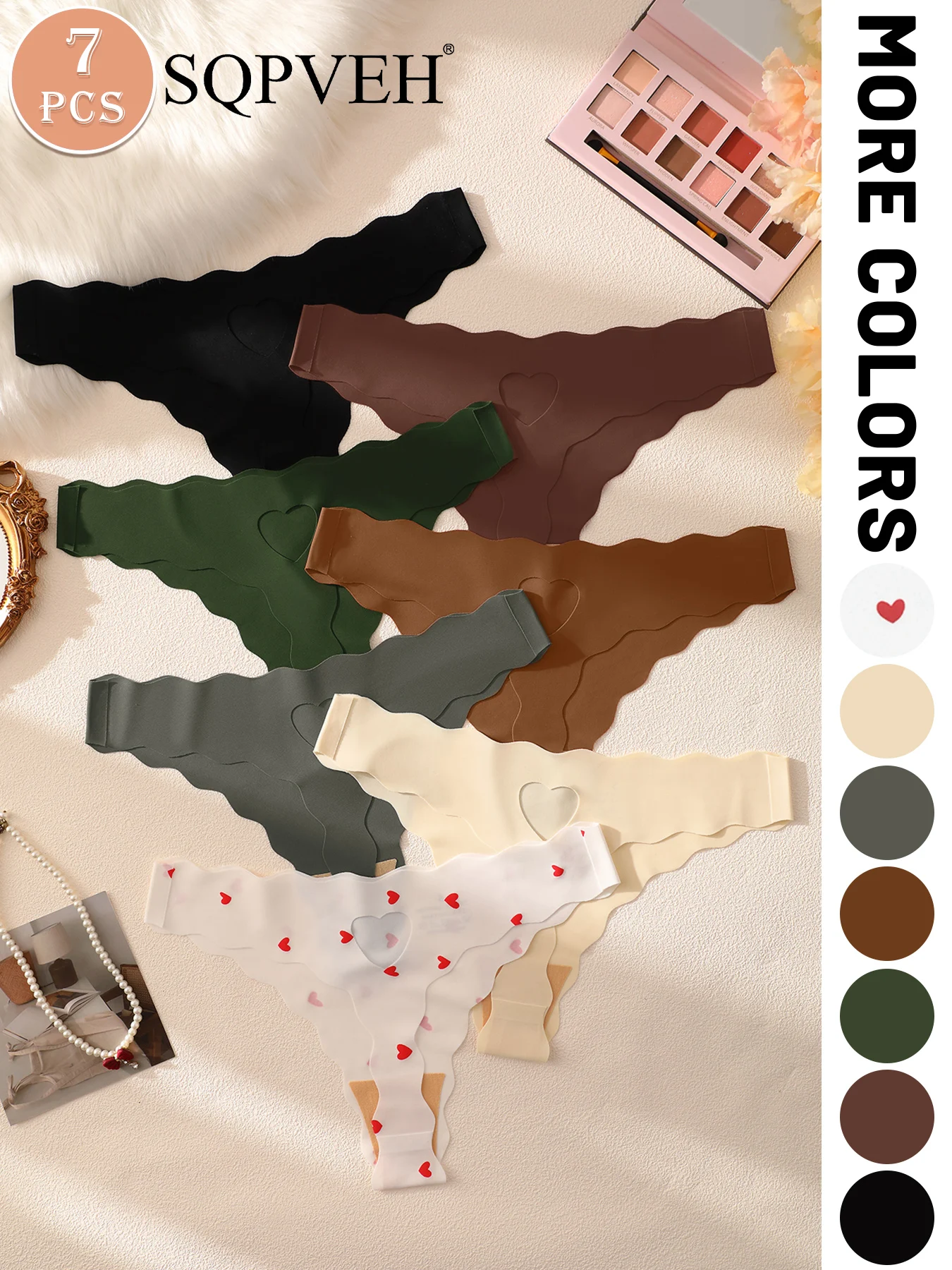 7PCS Heart Hollow Scalloped V-Waist Thongs, Solid Shade Mini Heart Print Seamless No-Show Soft Breathable Women Daily Underwear