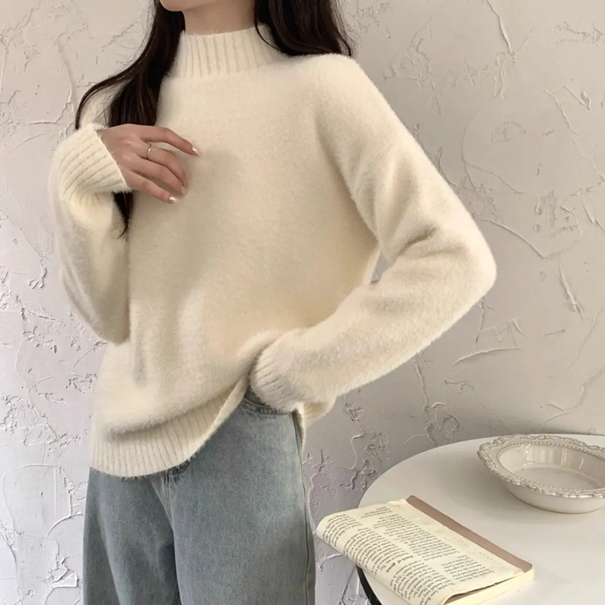 

Women's Faux Mink Velvet Sweater Fashionable Lazy Summer Look Princess Sleeve Trendy Korean Style Loose Half High Collar