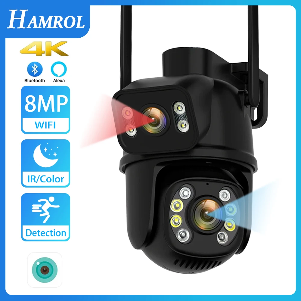 HAMROL 8MP PTZ Wifi IP Camera Street Dual Lens Dual Screens H.265 Auto Tracking Outdoor Wireless 6MP Security Surveillance