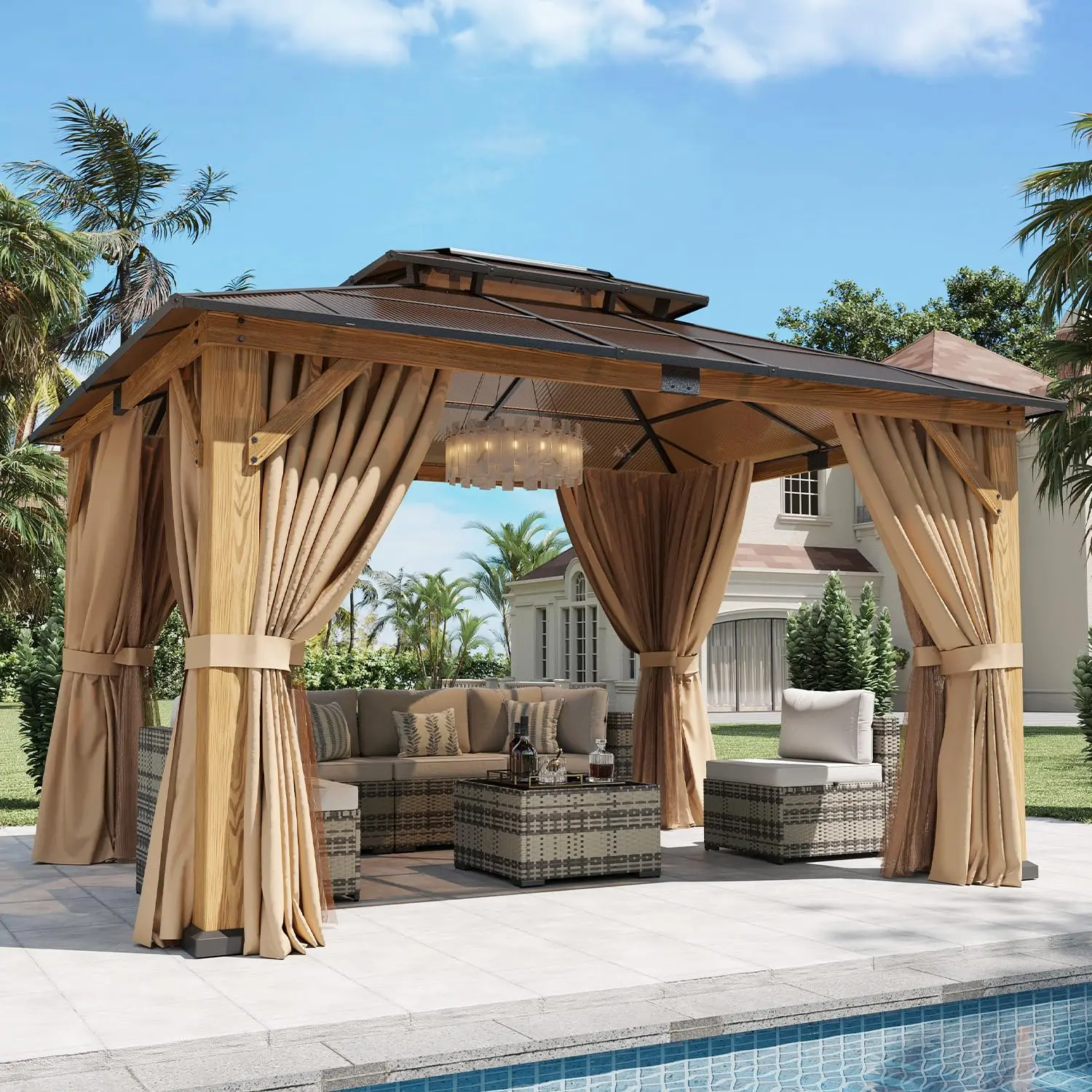 10x12ft Wood Hardtop Gazebo, Double Polycarbonate Top & Breathable Permanent Pavilion for Outdoor, Custom