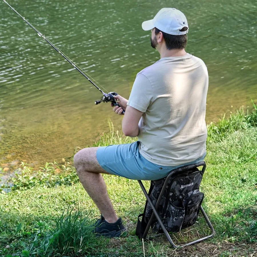 كرسي صيد محمول مع مسند ظهر قابل للتعديل وجيوب جانبية لصيد الأسماك في الهواء الطلق والتخييم والصيد خفيف الوزن ومتين #2