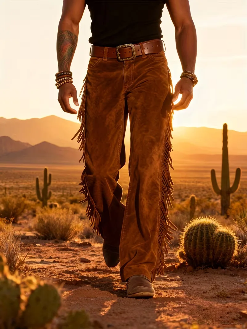 Herren-Cowboyhose mit Fransen, aus Kunstlederimitat, normale Passform, hohe Taille, Retro-Design, mit Schnallen, Hippie-Disco-Cosplay-Hose. – Detail 3