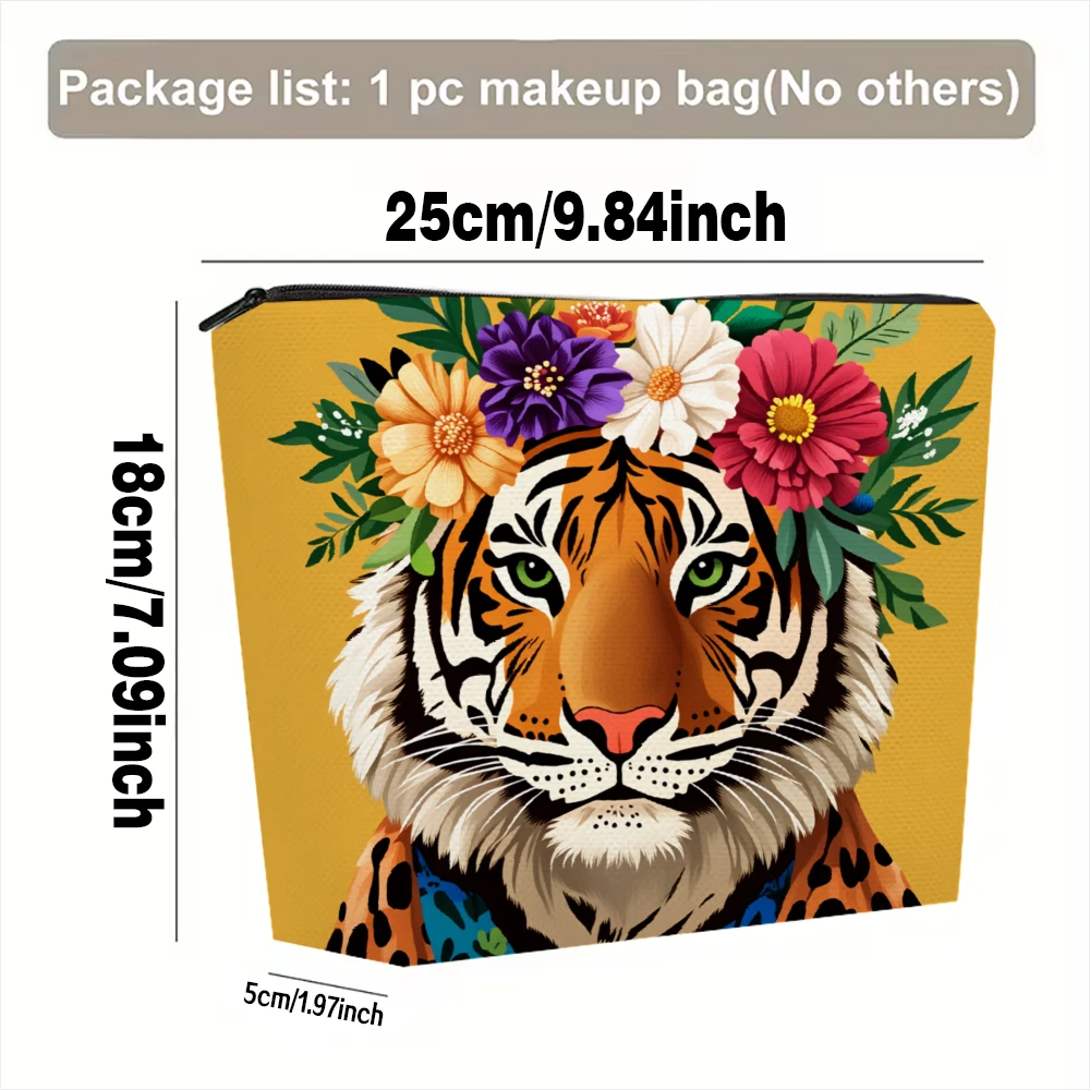 Tiger With Floral Crown Makeup Bags for Girls Cosmetic Pouch Toiletry Bag Pencil Case Travel Storage