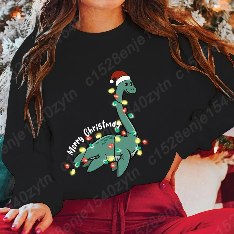 Christmas Light Dinosaur Merry Christmas Print Pullover Women Casual Sports Hoodless Sweatshirt Ladies Pure Color Oversize Tops