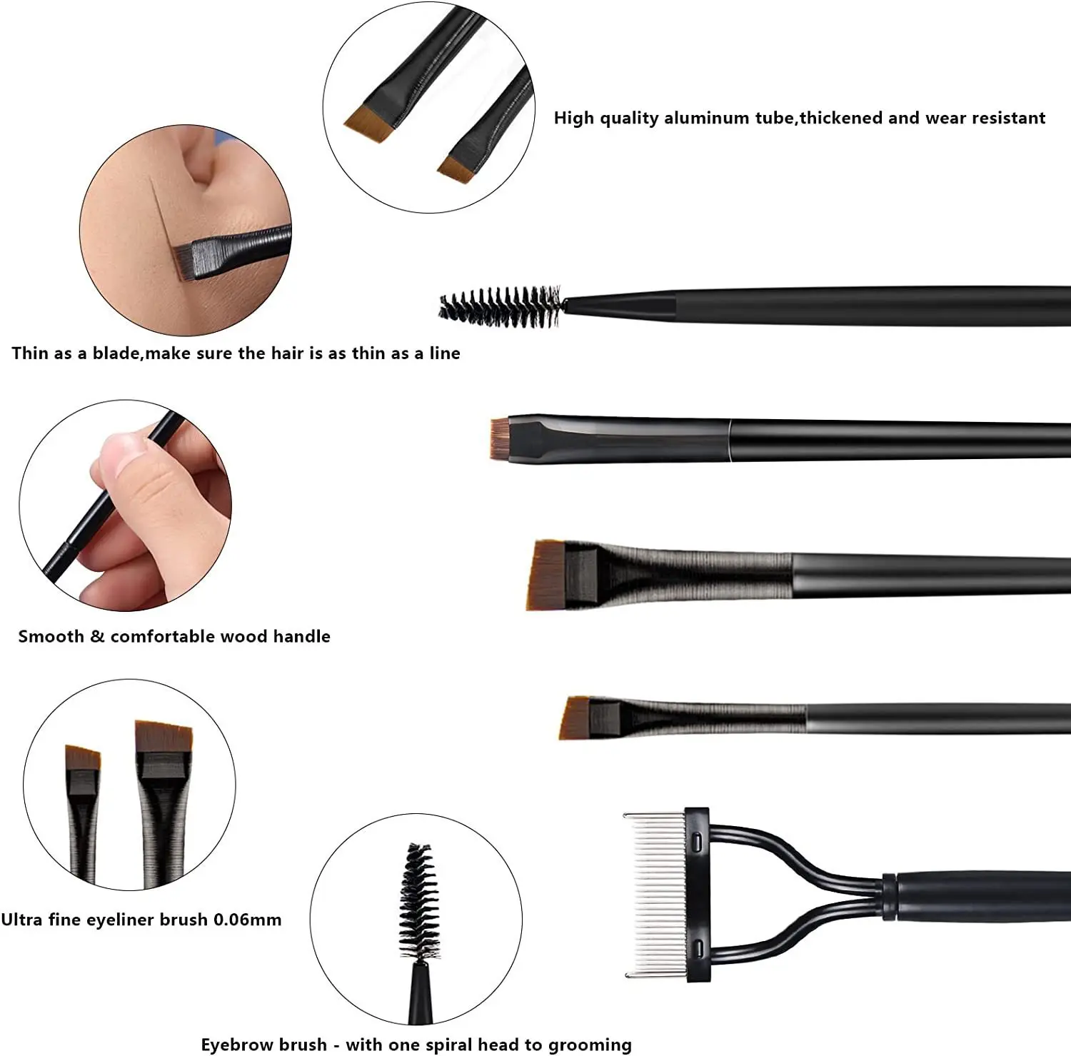 Eyelash comb separator 5-piece eyebrow brush set mascara applicator steel needle comb with cover eye makeup tool brush