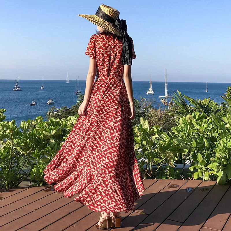 Beachy Floral Print Chiffon One-Piece Dr Women's Summer Vaion Slimming Long Skirt V-Ne High Waist ort Sve Dr