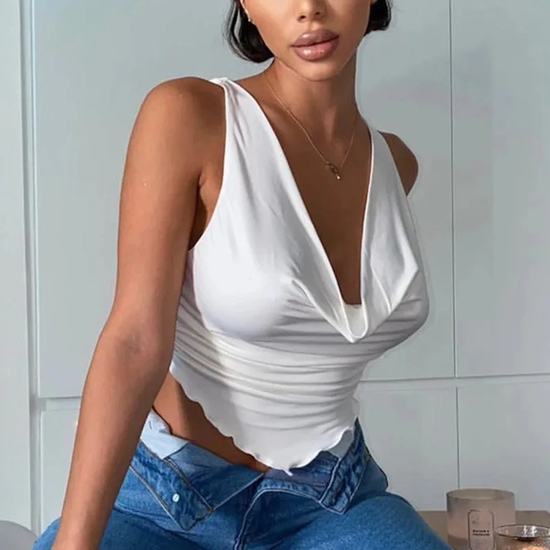 

Womens Clothing Summer Ruffles Ruched Sexy Tank Tops for Women Sleeveless White Plunge Top Cropped Club Party Fashion Outfits