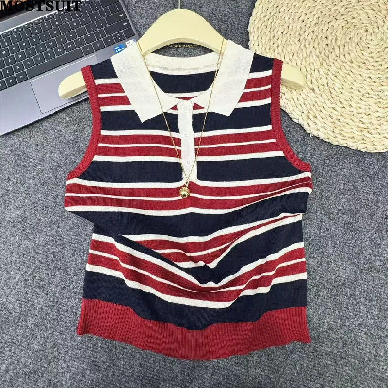 

Summer Women's Knit Sweater Vests Striped Sleeveless Stylish Chic Fashion Tops Tees Knitwear Elegant Vintage Ladies Jumpers 2025
