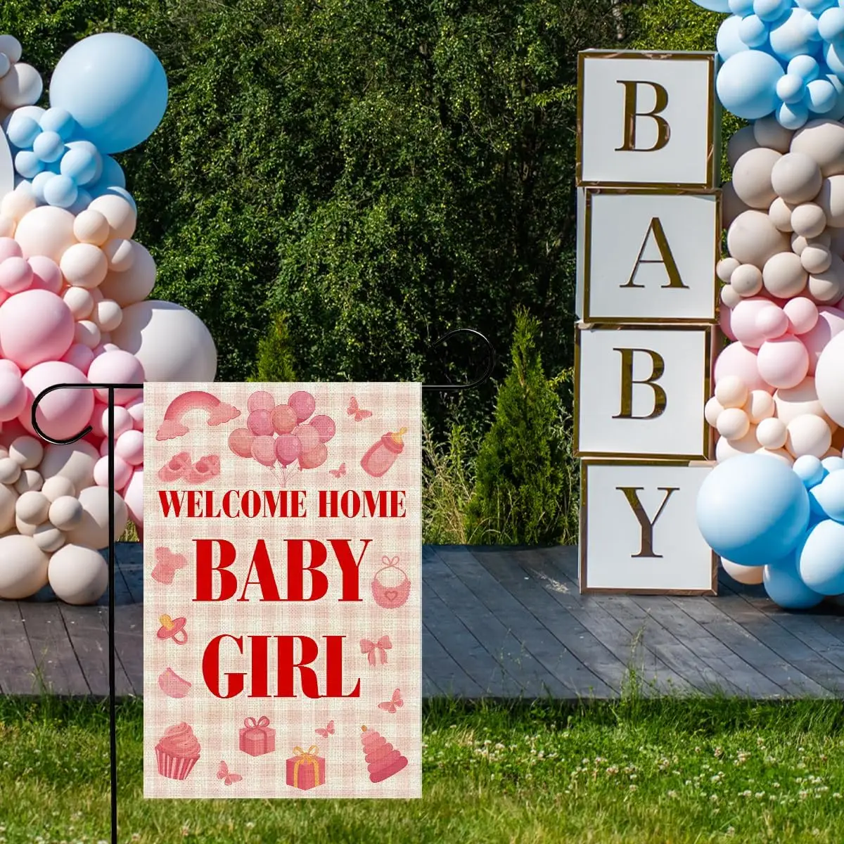 Welcome Home Baby Girl Garden Flag 12x18 Inches - Baby Shower Flags Double Sided for Outside Yard Girl Announcement Gender R ZZM