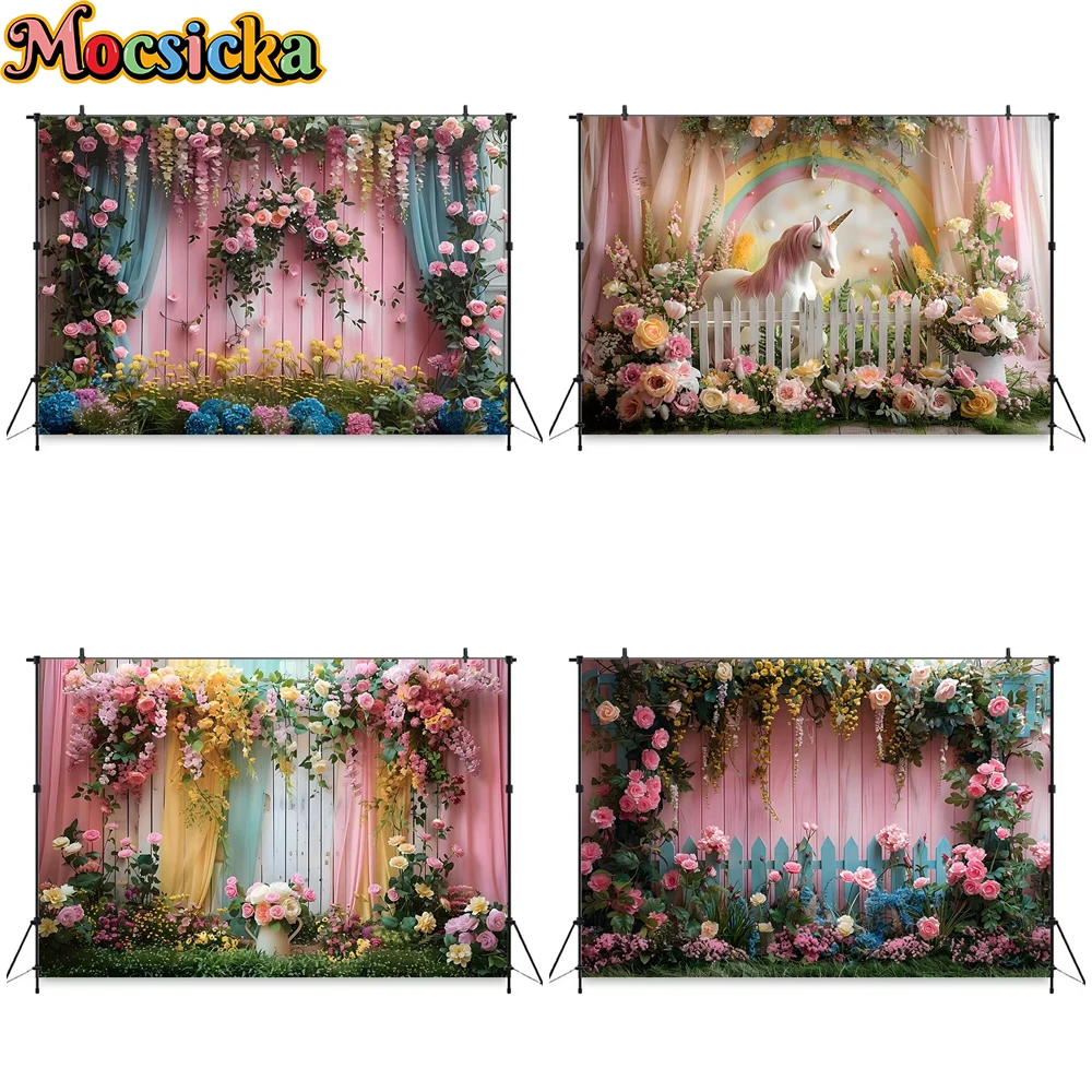 

Mocsicka Mother's Day Background Photography Wedding Maternity Dresses Photoshoot Pink Flowers Wall Photo Backdrop Studio Banner