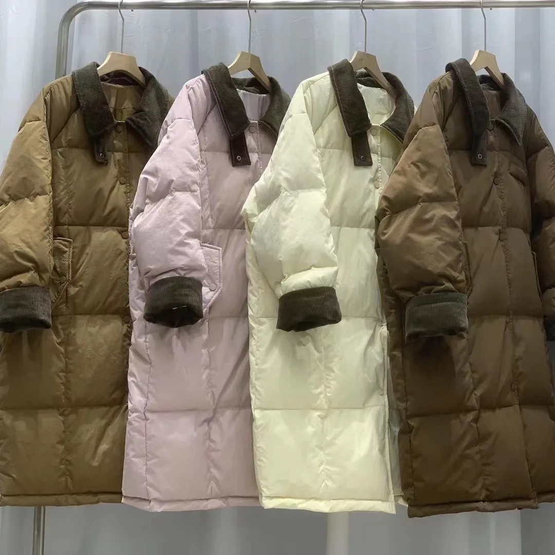 

Winter Korean version of Maillard color corduroy lapel long knee warm white duck down jacket women's cold protection