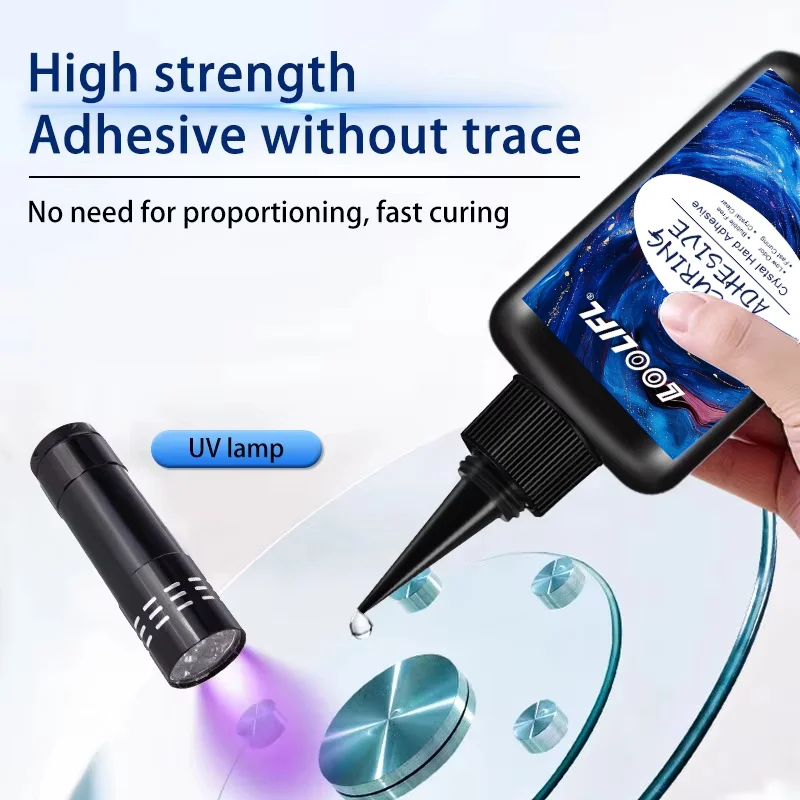 Loolifl Uv-Curing Adhesive, High-Strength Traceless Crystal Hard Uv Resin Glue with Uv Lamp, No Need for Mixing, Fast Curing, Invisible Bonding Glue, Suitable for Glass, Metal, Crystal, Abs Plastic, Jewelry, DIY Crafts, Repair, Waterproof High-Transparency Hard Uv-Curing Epoxy Resin Adhesive