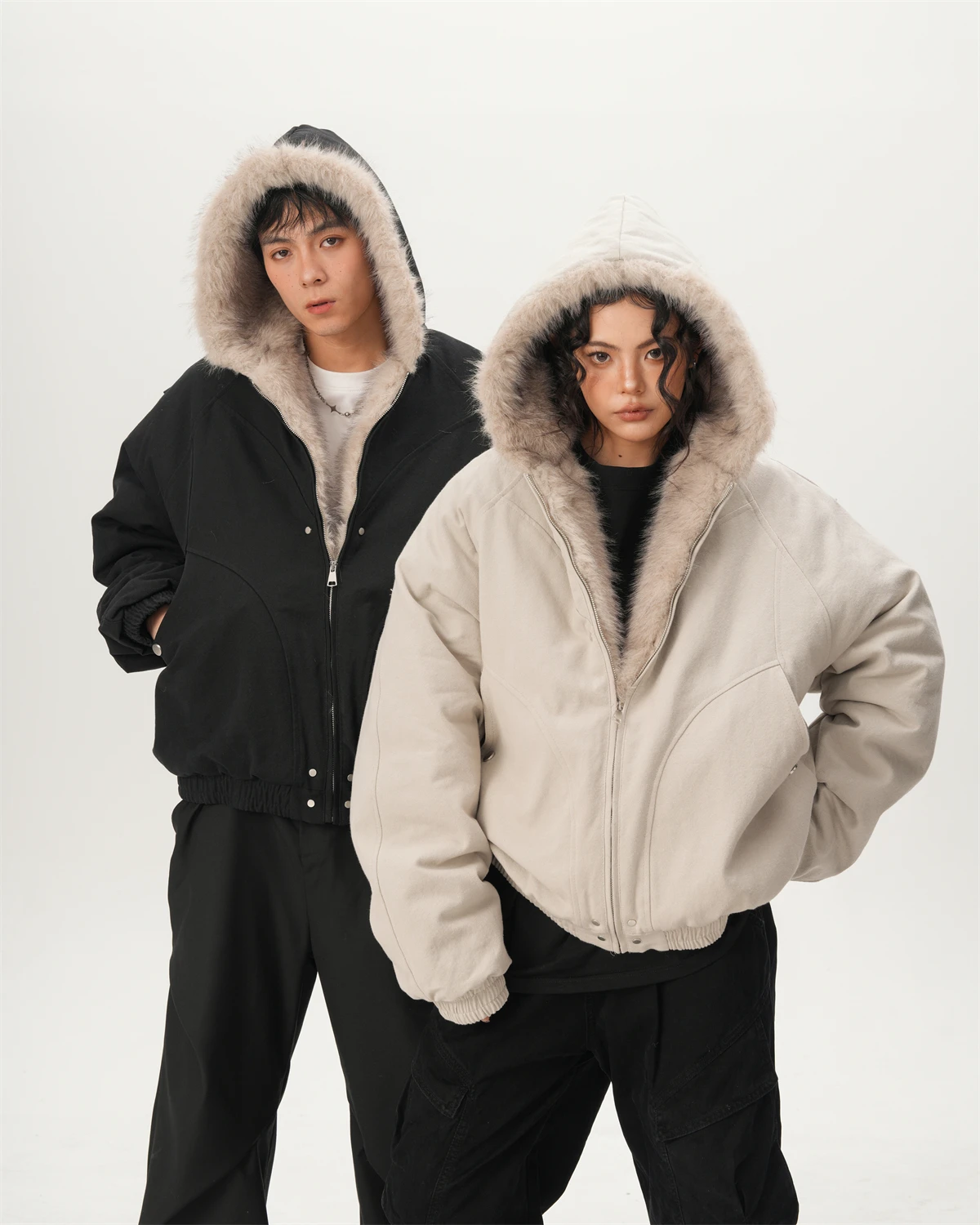 Winter American High Street Men's Fur Collar Black Hooded Cotton Jacket Couple Loose Fleece Thickened White Gray Short Parka