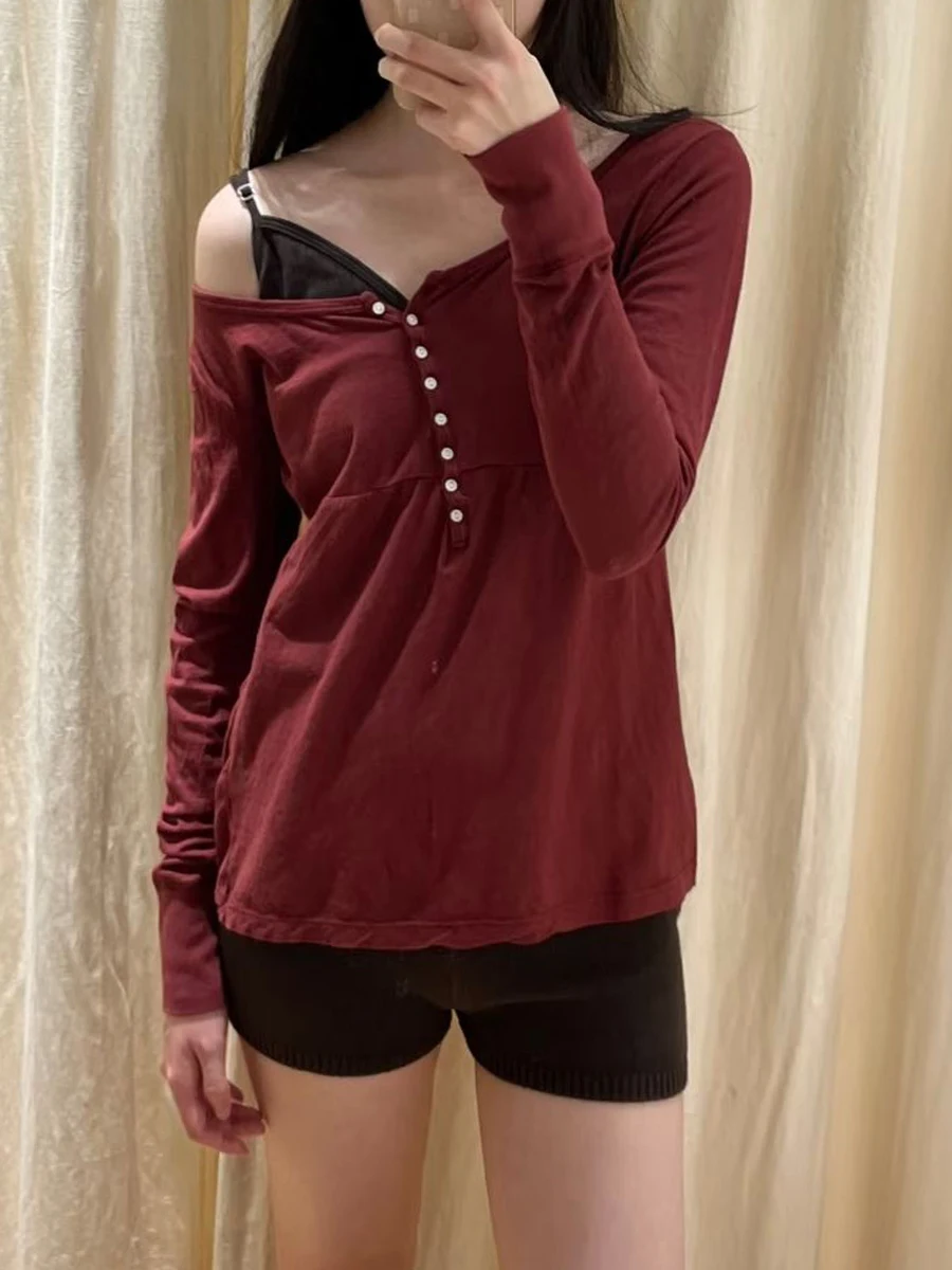 Buttons Burgundy Long Sleeve T-shirts Woman Spring O-neck A-line Cotton Tee Tops Female Casual Simple Solid All-match Tshirt New