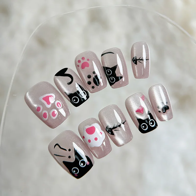 10 stuks dames schattige kat miauw print druk op nagels afneembare schattige nepnagels kitten afneembare nail art nagel patch korte nail art
