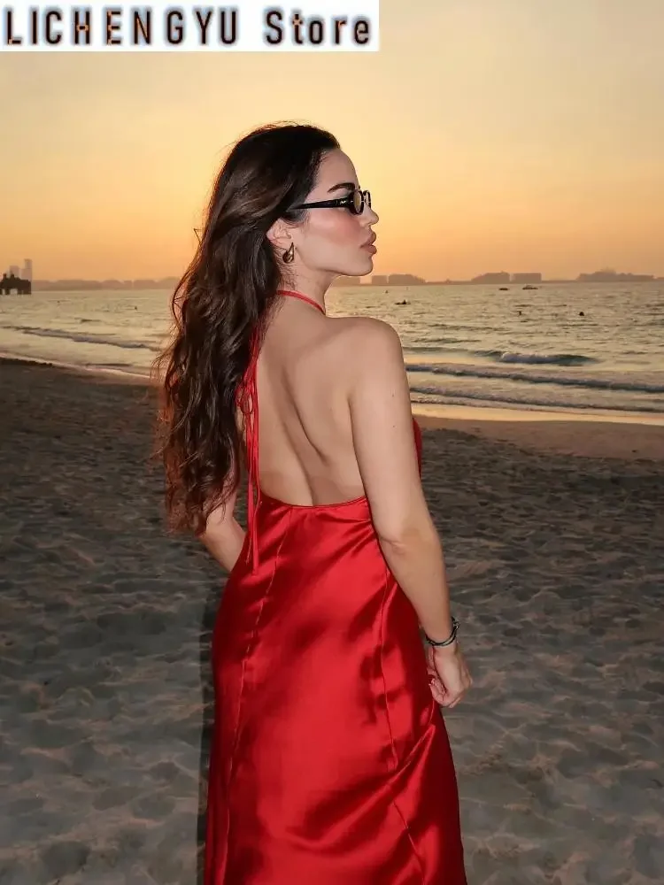 여성용 홀터 롱 드레스, 백리스 새틴 원피스, 섹시한 미디 드레스, 우아한 이브닝 파티 원피스