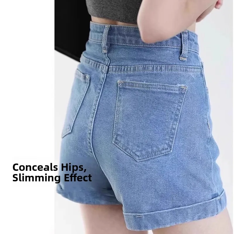 Slimming High Waist Black Denim Shorts Women's A-Line Wide Leg Straight Cut Hot Pants Summer Thin  Rolling Cotton Stretch