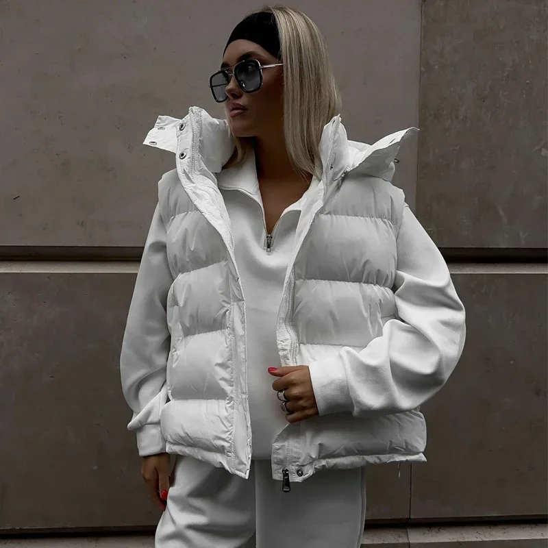 Winter Padded Vests For Woman Zipper Hooded Sleeveless Jacket and Waistcoats Fashion Warm Parkas Coat Outerwear Streetwear