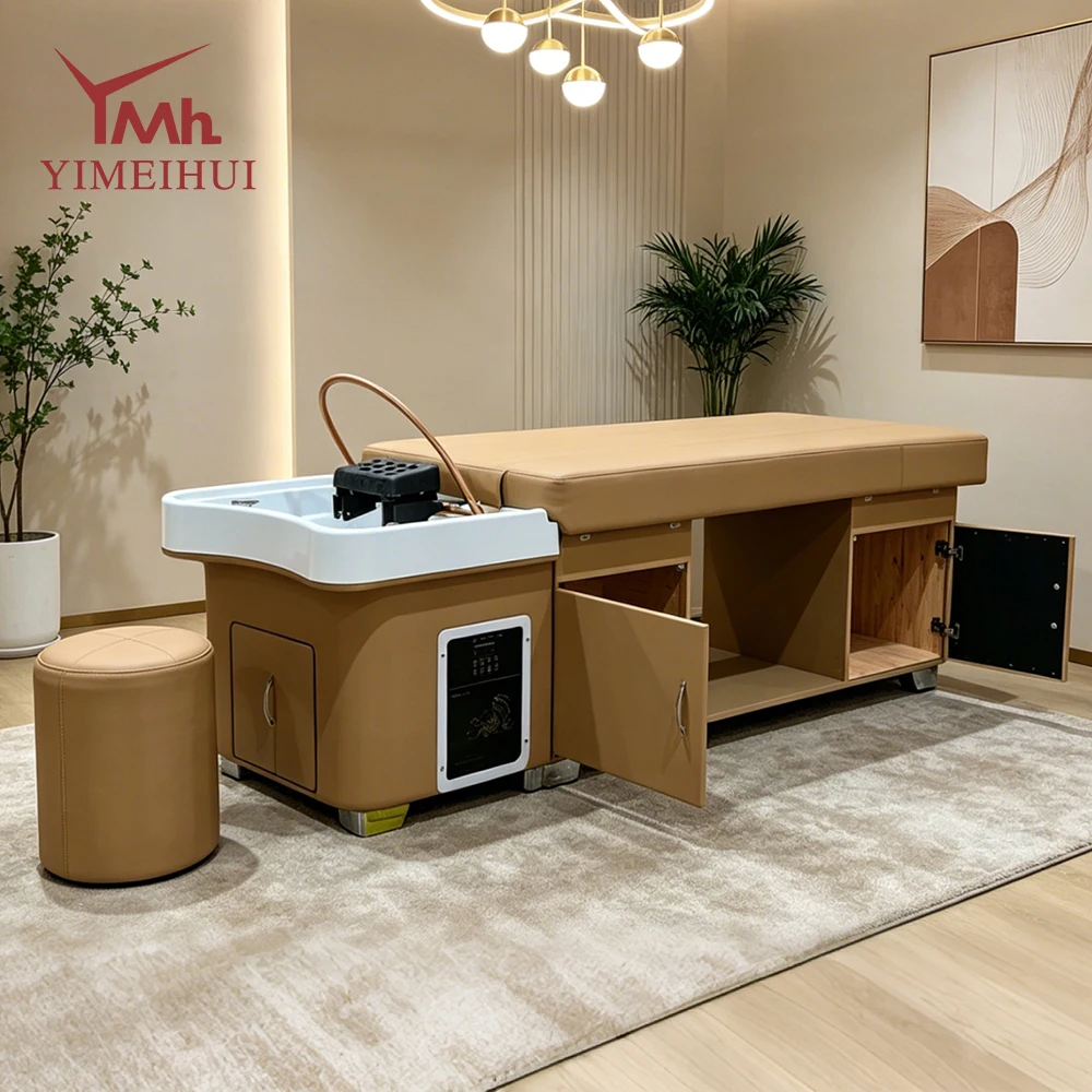 Luxury Multifunctional Thai Shampoo Bed for Hair Salon Head Spa, with White Wash Basin Ample Storage Cabinets And Stool