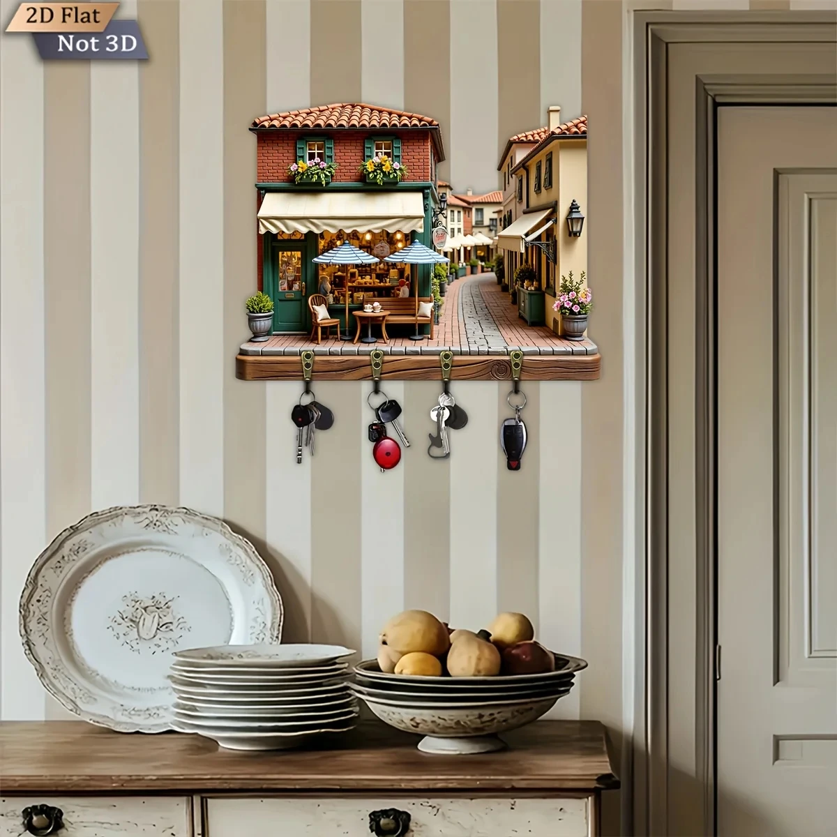 2D Flat, 1pc, European Small Town Street Scene Style Key Hook, Wooden Multifunctional Home Key Rack, with Four Metal Hooks,