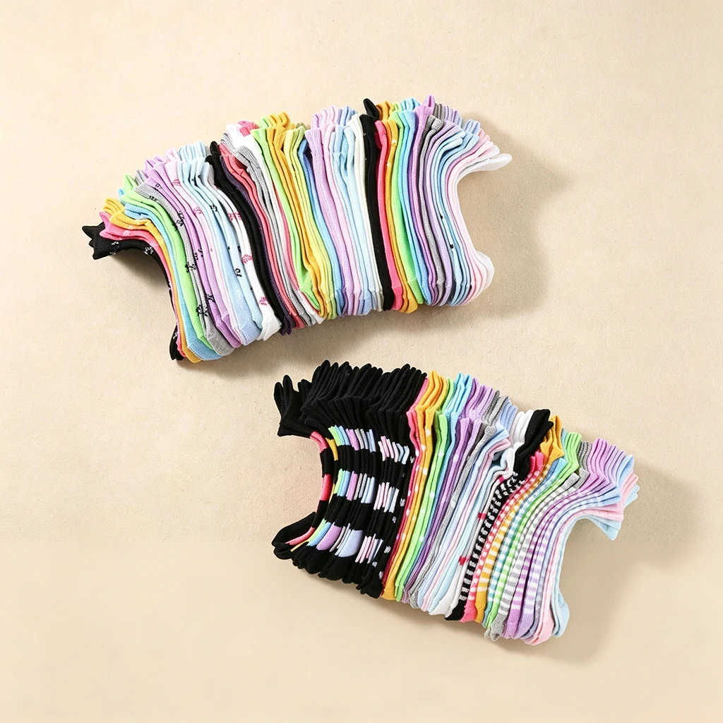 10/20 Pairs Women Cotton Socks Candy Color Heart Stripe Wave Pattern Ankle Socks Soft Breathable Absorbent Casual Female Socks