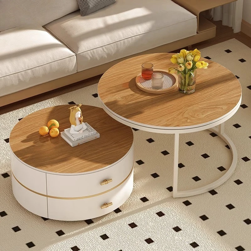 

Round rock slab coffee table Small apartment Cream wind retractable living room Household coffee table Modern