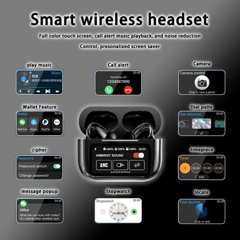 

Pop A9pro Bluetooth Беспроводные наушники ЖК-умный цветной экран Активное шумоподавление Длительный срок службы батареи Беспроводные наушники-вкладыши