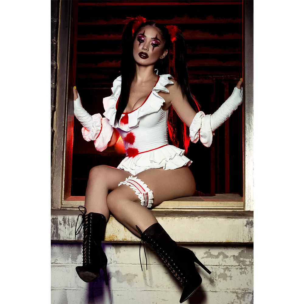 Disfraz de payaso de Halloween para carnaval para mujer, mono de circo asesino, conjuntos de payaso aterrador con parte inferior de peplum escalonada de Lolita