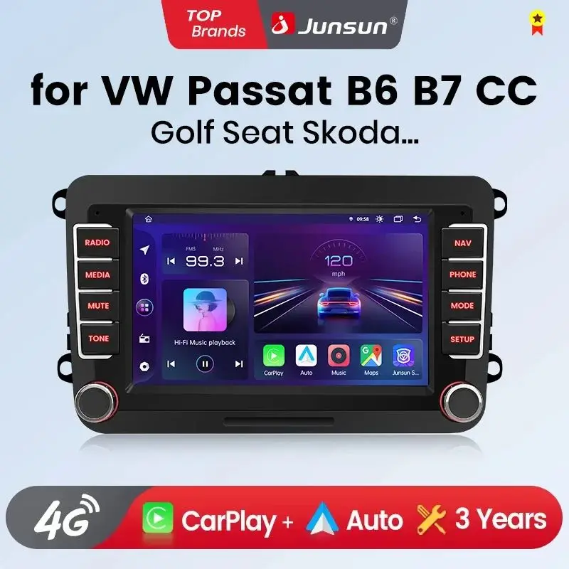 Autoradio Junsun 7 pouces pour Vw Volkswagen Passat B6 B7 T5 Tiguan Touran Golf Polo, CarPlay sans fil, Android Auto, GPS Navi, stéréo SWC, BT, FM, AM, RDS, DSP, 2Din, Mirror Link, lecteur multimédia, commande vocale AI