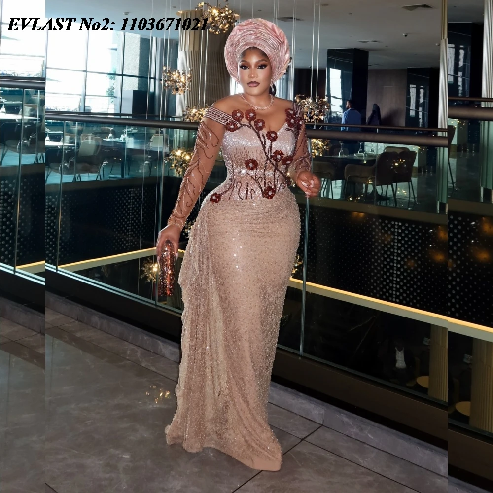 

EVLAST Customized African Champagne Mermaid Prom Dress Aso Ebi Sequins Lace Applique Beading Evening Gown Robe De Soiree SP235