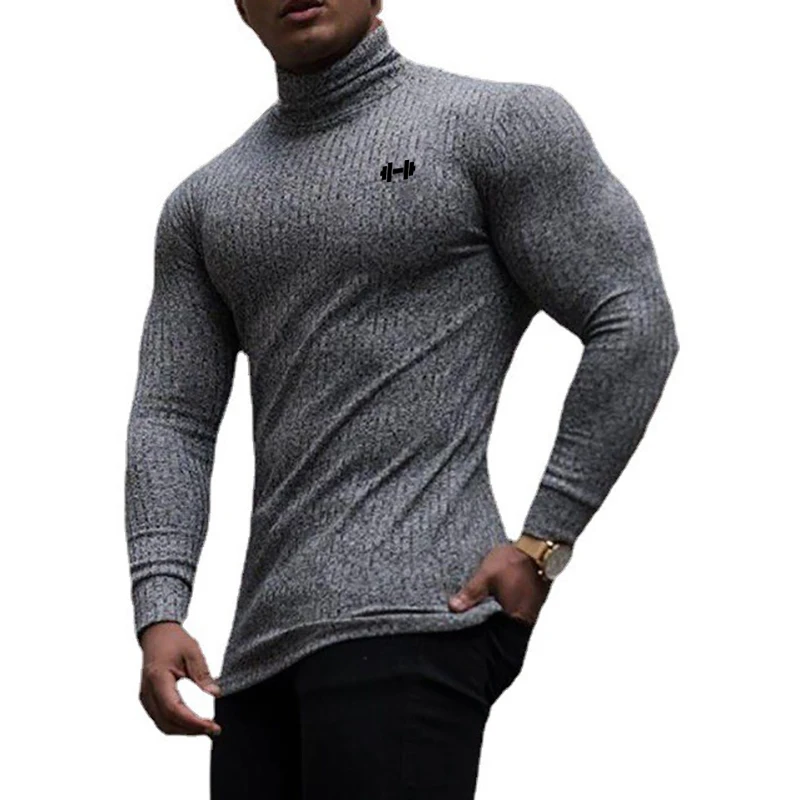 

Autumn Running Long Sleeve Shirts Mens Fitness Slim Fit Sports Turtleneck T-shirts Knitted Quick Dry Gym Bodybuilding Clothing