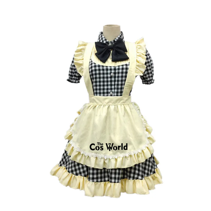 Japanese Lolita Princess Plaids Apron Maid Dress Uniform Housekeeper Maidservant Restaurant Outfits Anime Cosplay Costumes