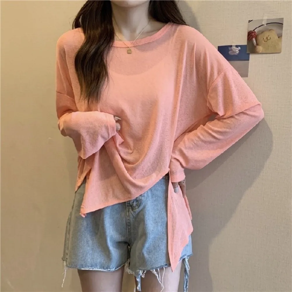 

Comfortable Thin Sunscreen T-shirt Round Neck Pure Color Air Conditioning Cover Loose Elastic Beach Cover Summer
