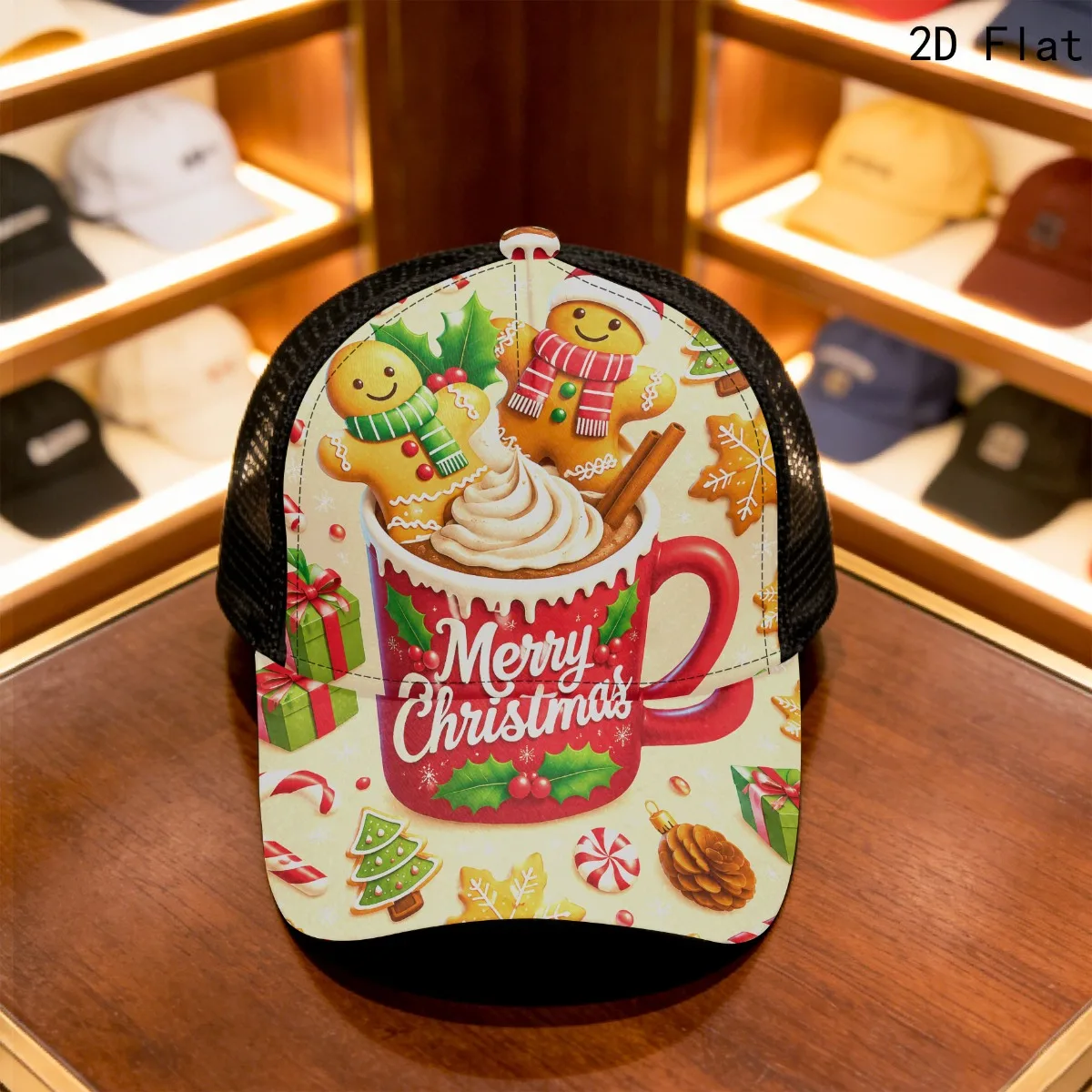 2D Flat Christmas Unisex Mesh Cap Joyful Gingerbread Delight Print, Hand Washable Durable Cloth Adjustable Fit