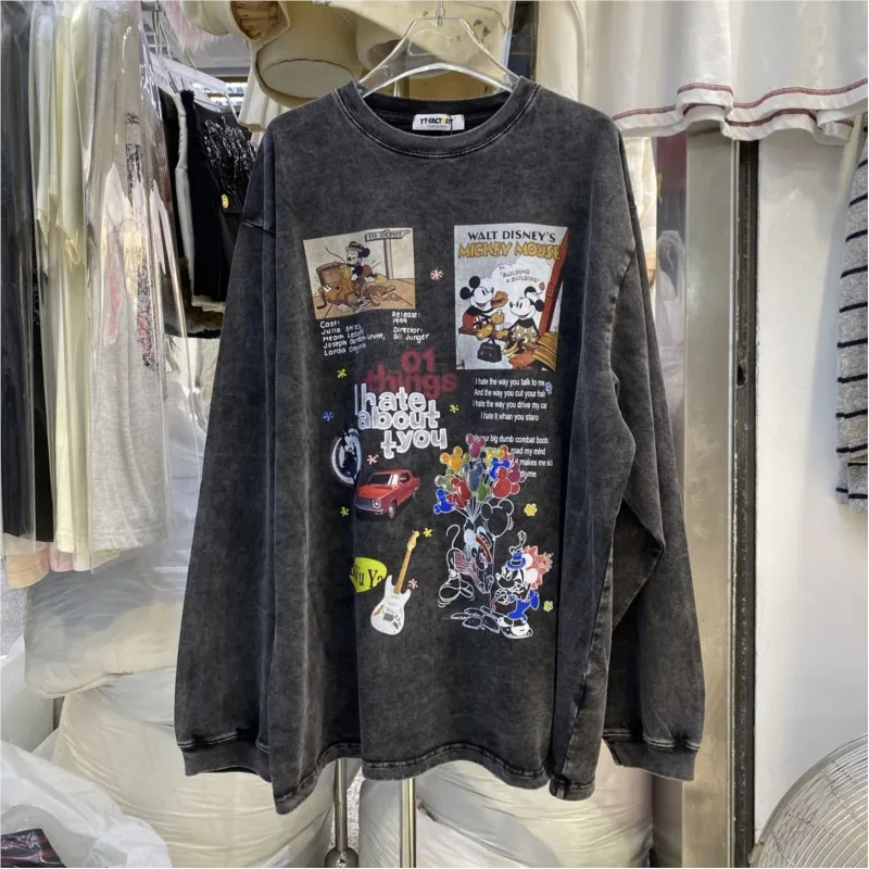 

Осенние свободные футболки с Микки Диснеем, корейская версия, милая футболка с длинными рукавами и принтом мультфильмов, повседневные универсальные модные женские топы